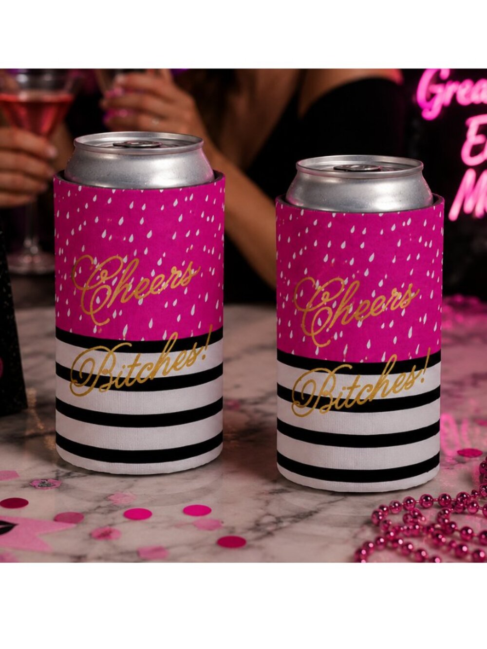 Cheers B*tches Pink & Gold Set of 2 Insulated Drink Beer Can Cover Koozies